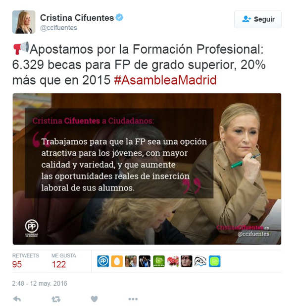 Cuenta oficial de Twitter de Cristina Cifuentes, presidenta de la Comunidad de Madrid