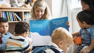 Teacher and students reading a Christmas story together