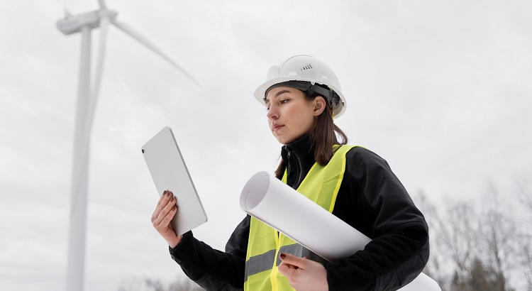 Joven profesional de las Energías Renovables con molino de viento al fondo. | Foto de freepik