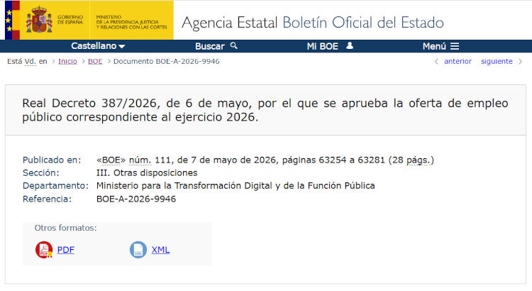 El BOE publica la Oferta de Empleo Público 2026: más de 37.000 plazas en áreas clave de futuro