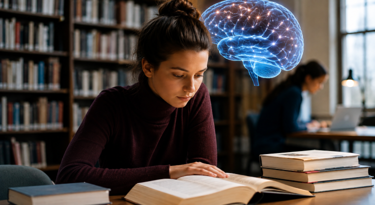 Mujer joven leyendo en una biblioteca. 