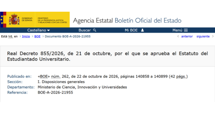El BOE publica el nuevo Estatuto del Estudiantado Universitario, que actualiza los derechos y deberes de los alumnos e incorpora medidas sobre evaluación, salud mental, becas y conciliación. | BOE