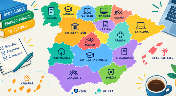 Mapa de las Comunidades Autónomas para consultar oposiciones de empleo público. 